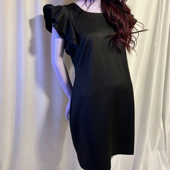 Tommy Hilfiger Scuba Crew Neck Flutter Ruffle Cap Sleeve Sheath Dress - Picture 8 of 9